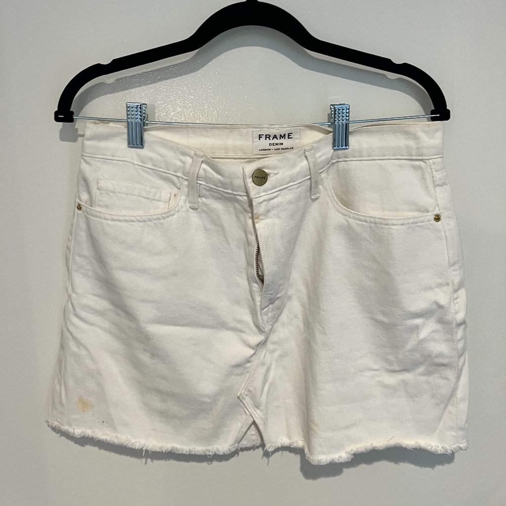 white frame denim skirt